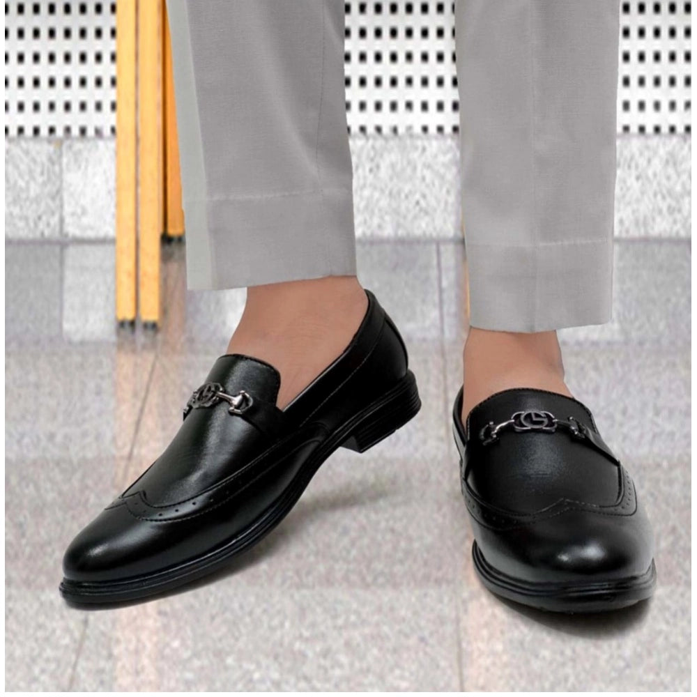 Black faux leather slip-on formal shoes for men, solid pattern, TPR sole type