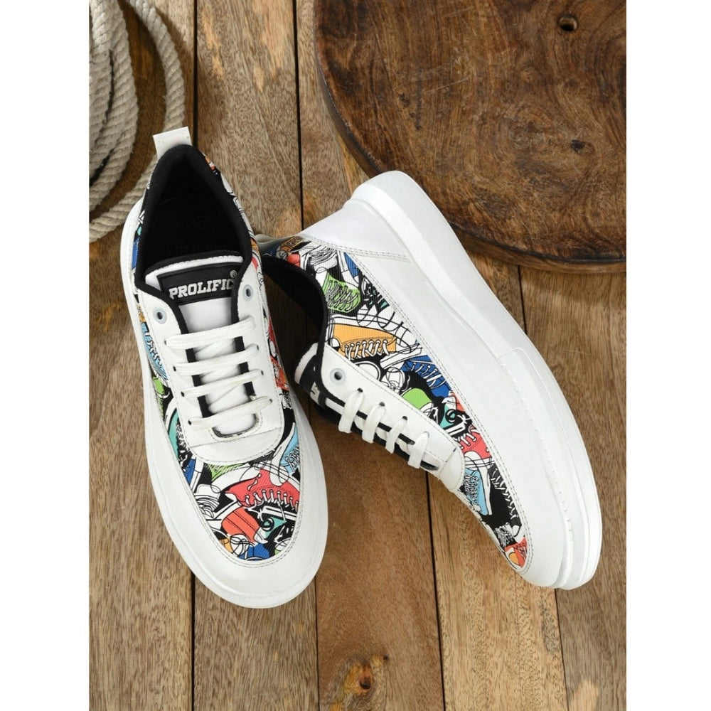 White synthetic printed lace-up sneakers for men's casual wear, featuring a PVC sole on foot