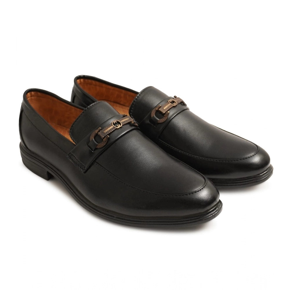 Black faux leather men's casual slip-ons, solid formal shoes