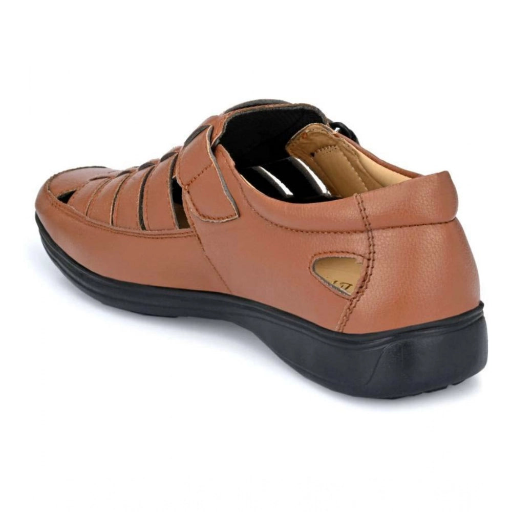Tan faux leather men's casual sandal with solid pattern and velcro closure