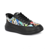 Black synthetic printed lace-up sneakers for men's casual wear