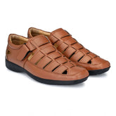 Tan faux leather casual sandal with Velcro closure on foot (TPR sole)