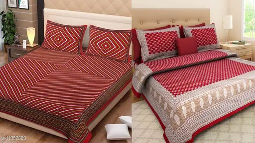 Jaipuri printed double bed sheets set in glace cotton, 90X100 with 4 pillow covers featuring floral pattern, ideal for adult beds