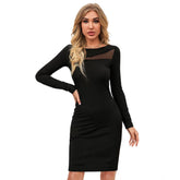 Black knitting stretch dress with solid round neck & full sleeves, ideal for women's casual wear