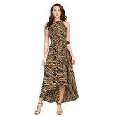Yellow polyester zebra pattern halter neck sleeveless dress, updown length for women's fashion