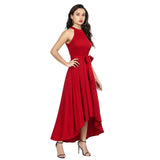 Red polyester sleeveless halter neck dress on mannequin