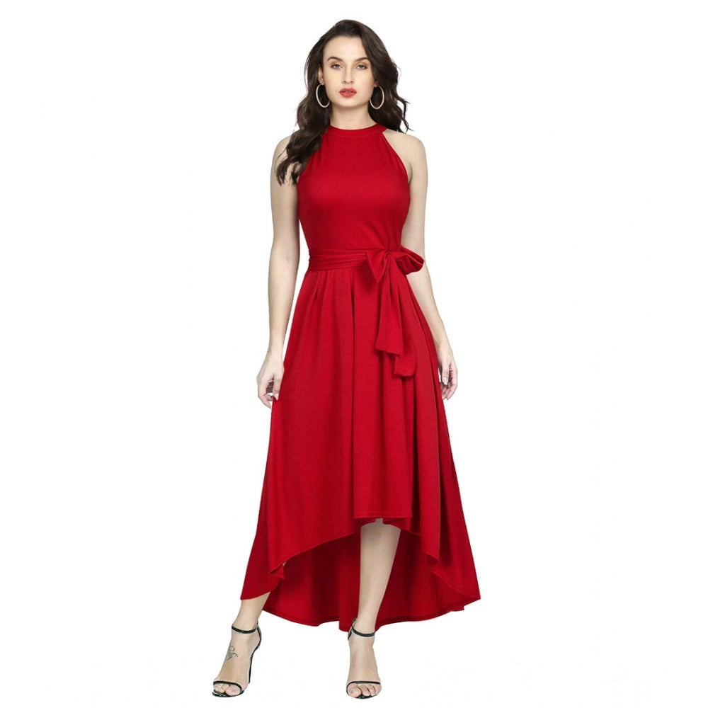 Red polyester solid halter neck sleeveless dress for women