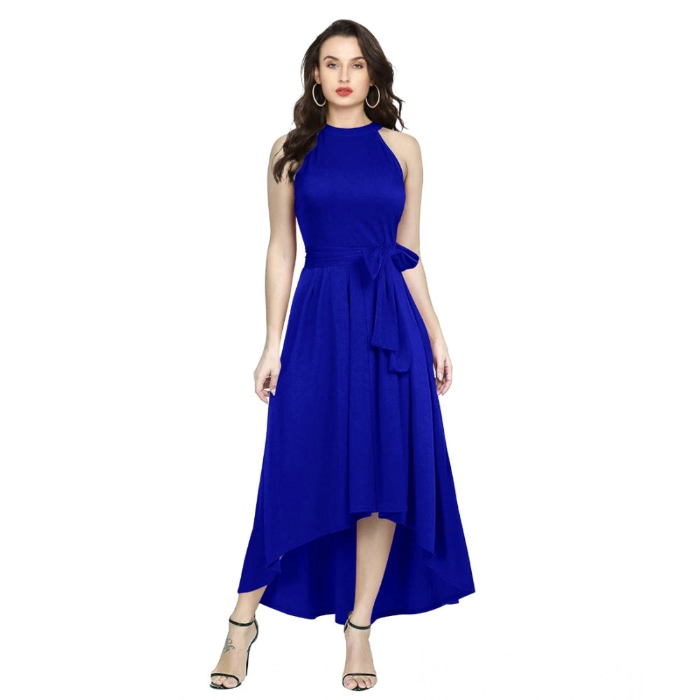Royal Blue polyester sleeveless halter neck dress for women, solid design
