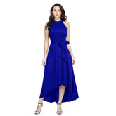 Royal Blue polyester sleeveless halter neck dress for women, solid design
