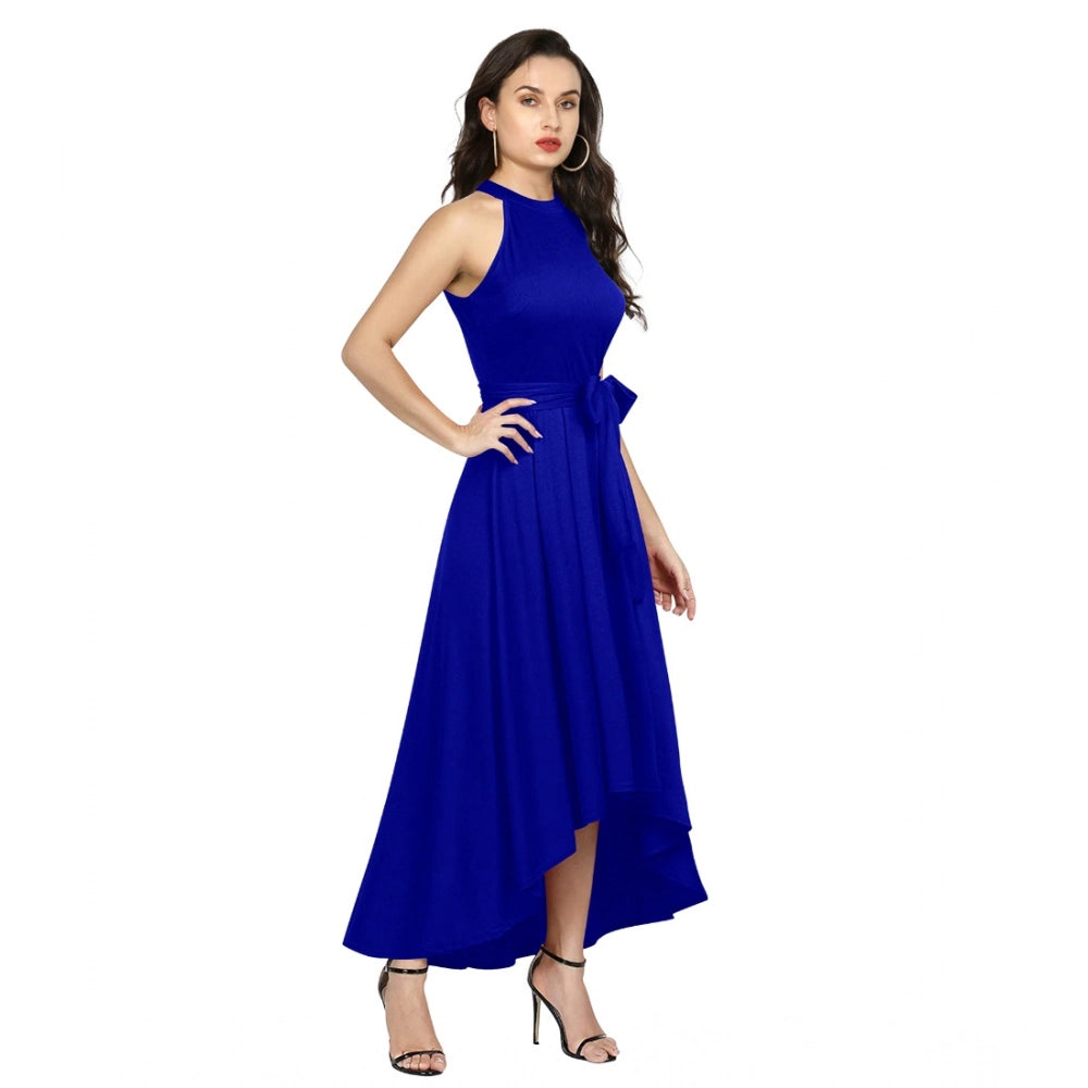 Royal Blue Polyester Solid Halter Neck Sleeveless Dress for women's summer fashion