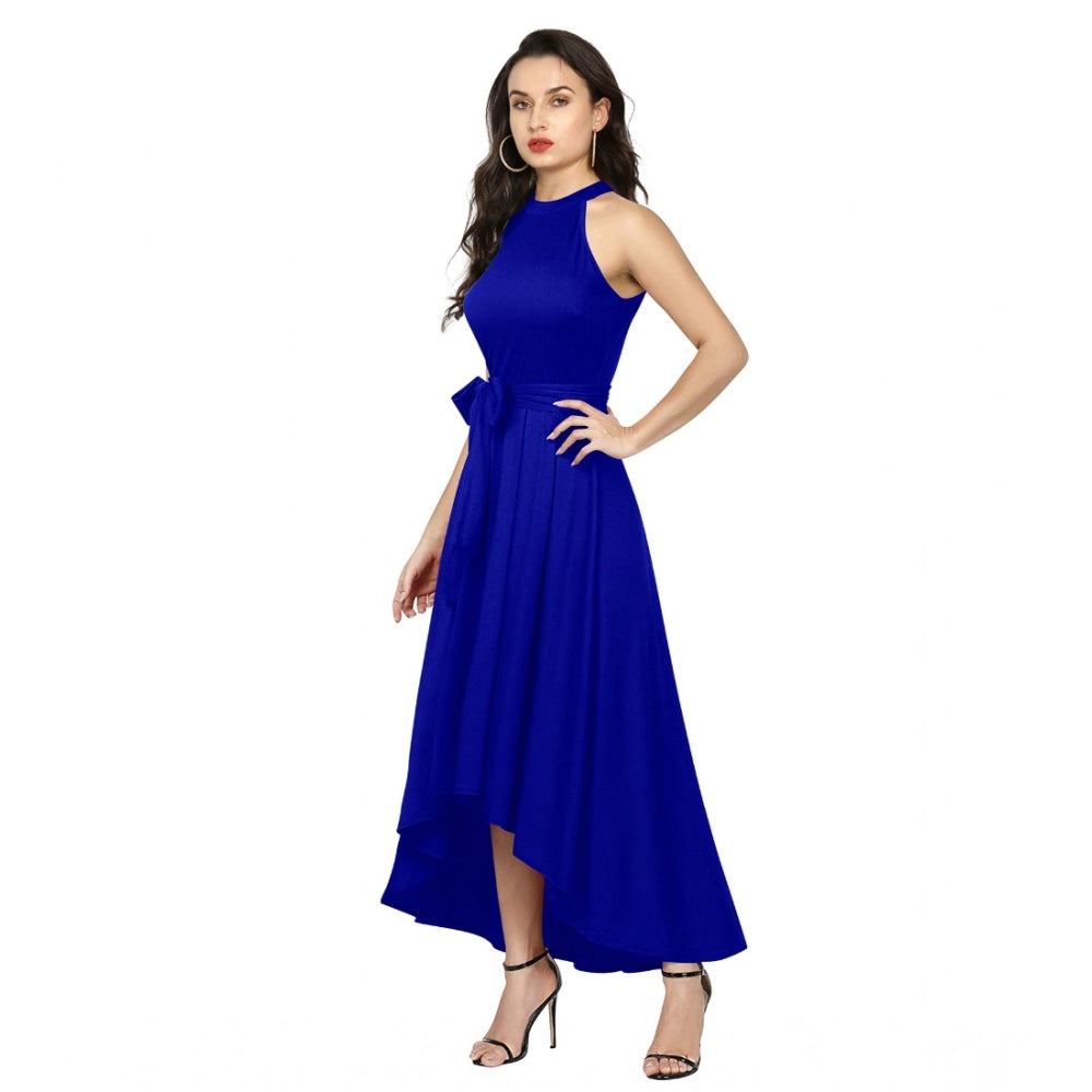Royal Blue Polyester Solid Halter Neck Sleeveless Dress for women, updown length