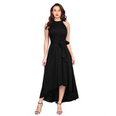 Black polyester solid halter neck sleeveless dress for women