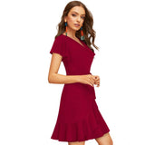 Women's Knitting stretchable Solid V Neck Flaired Sleeve Dress (Maroon )