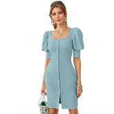 Stretchable pista solid square neck 3/4 puff sleeve knee-length knit dress
