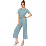 Women's Knitting stretchable Solid Round Neck Cap Sleeve Jumpsuit (Pista )
