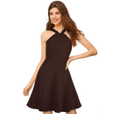 Coffee knitting stretch dress, solid halter neck, sleeveless, knee-length