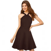 Coffee knitting stretchable solid halter neck sleeveless knee length dress