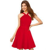Red knitting stretchable sleeveless halter neck dress