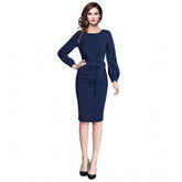 Blue knitting stretch dress, solid round neck, full sleeve, knee length