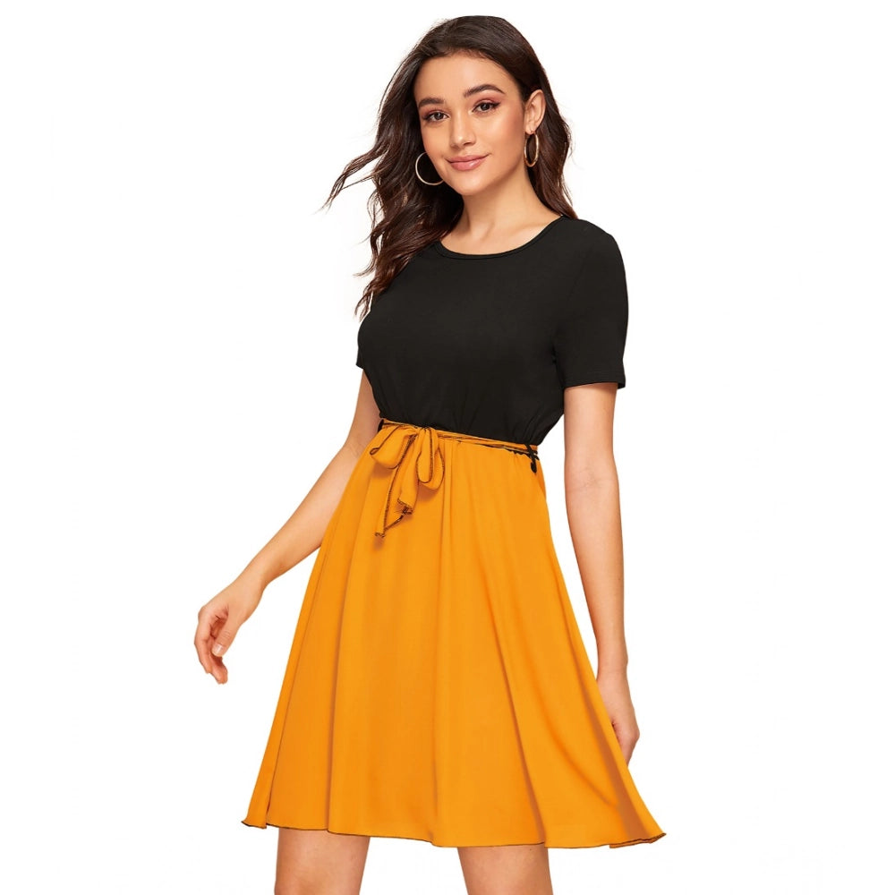 Yellow knitting strachable solid round neck cap sleeve dress, women's knee-length knitwear fashion