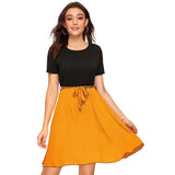 Yellow knitting strachable solid round neck cap sleeve dress with knee length, suitable for women's casual wear