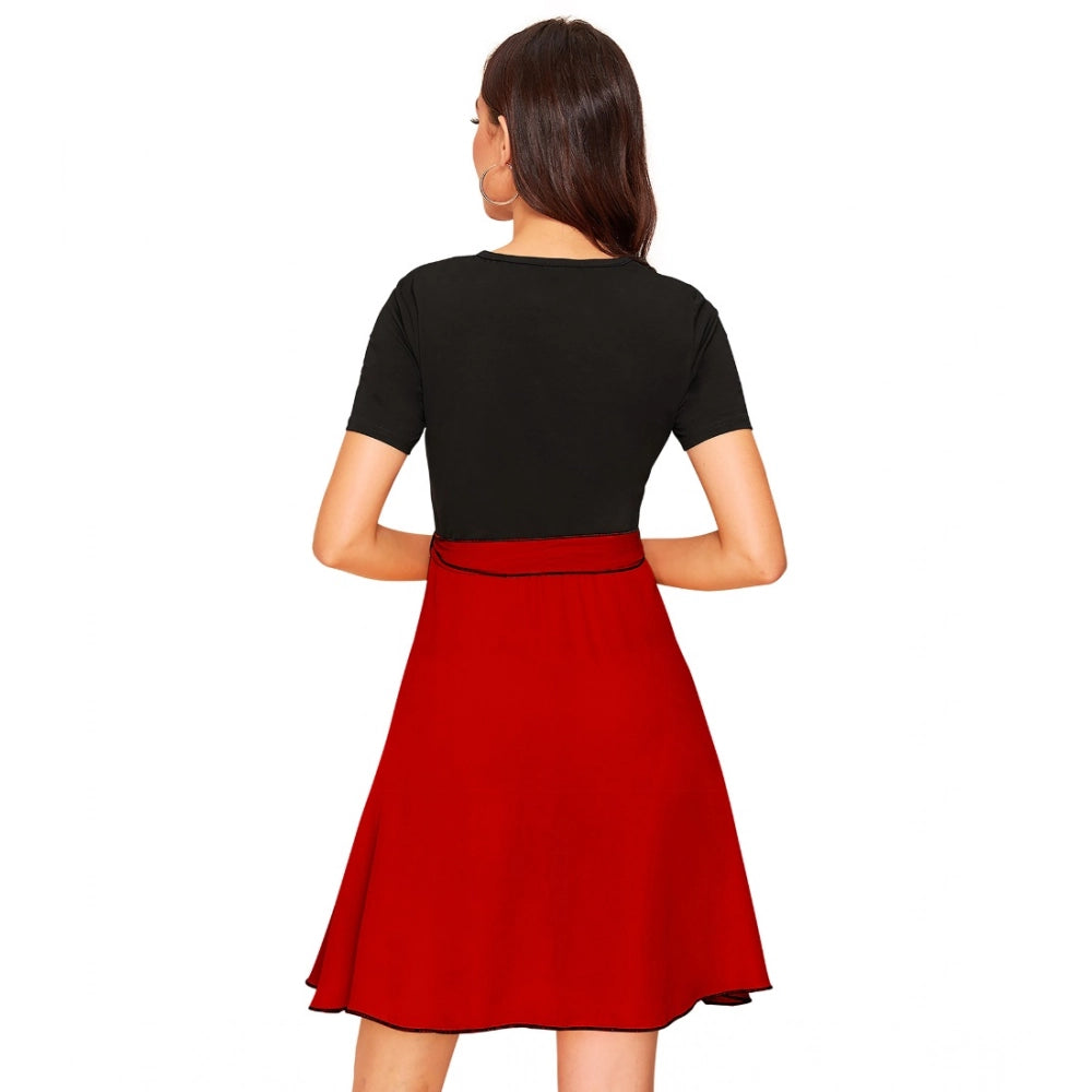 Red knitting stretchable solid round neck cap sleeve dress for women's fashion