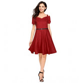 Maroon polyester solid v-neck cap sleeve dress for women, knee length style