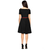 Women's Polyester Solid V Neck Cap Sleeve Dress (Black)