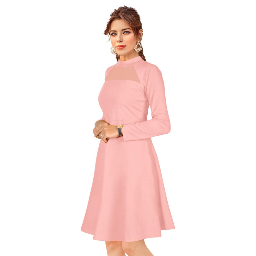 Peach knitting stretchable solid round neck full sleeve dress for women