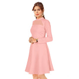 Women's Knitting stretchable Solid Round Neck Full Sleeve Dress (Peach)