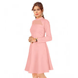 Peach knitting stretchable solid round neck full sleeve dress for women