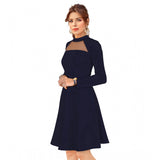 Blue knitting stretchable dress with solid round neck and full sleeves for women's casual wear