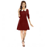 Maroon polyester solid collar dress with 3/4th sleeves and knee length