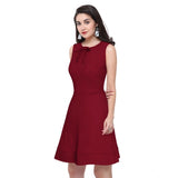 Maroon polyester solid round neck sleeveless dress for women, knee-length style