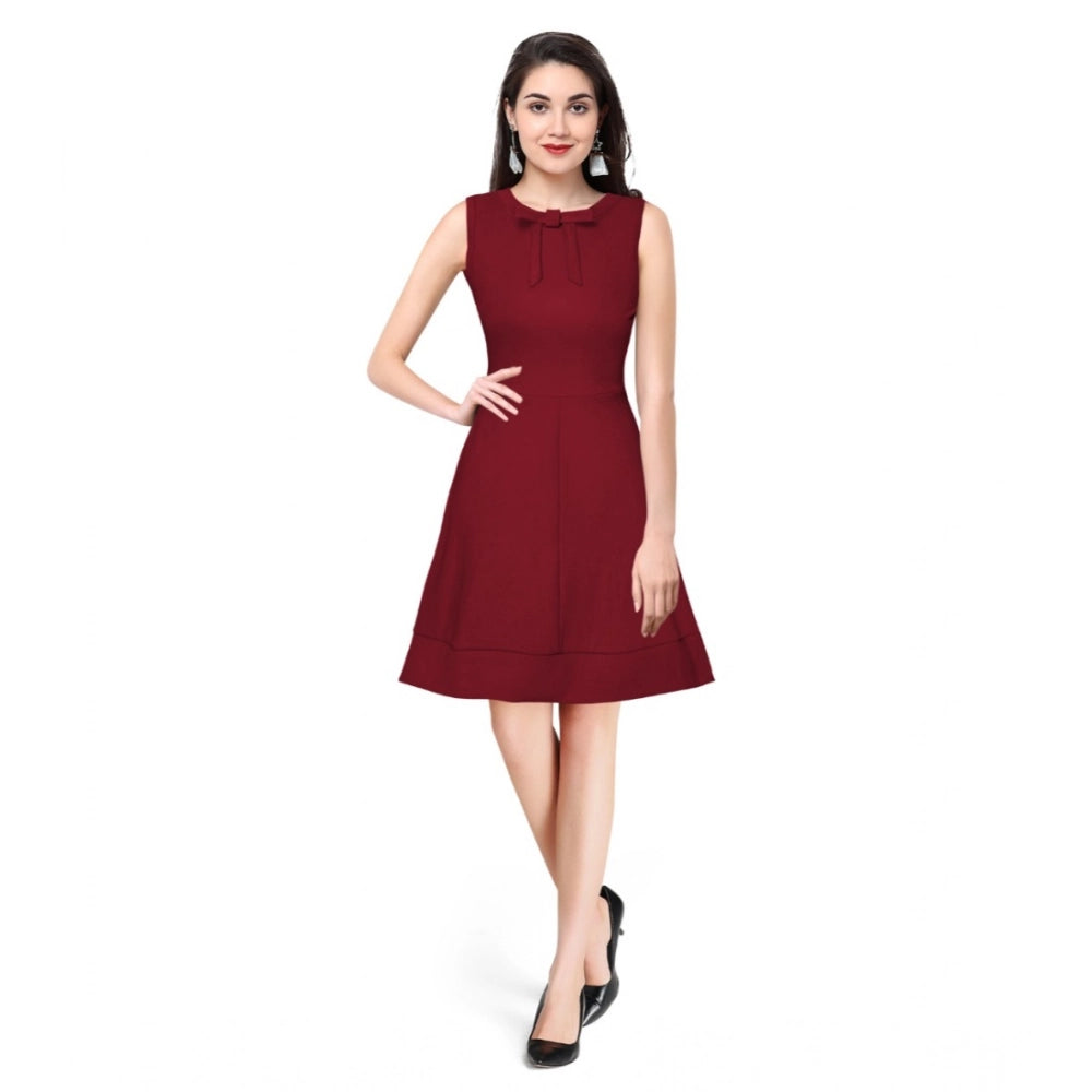 Maroon polyester sleeveless knee-length dress for women, solid design with round neckline