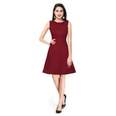 Women's Polyester Solid Round Neck Sleeveless Dress (Maroon)