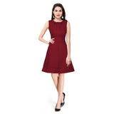 Maroon polyester solid round neck sleeveless dress for women's fashion, vibrant maroon hue on display