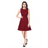 Maroon polyester sleeveless dress, solid pattern for women's fashion