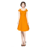 Yellow polyester solid V-neck cap sleeve off-shoulder dress