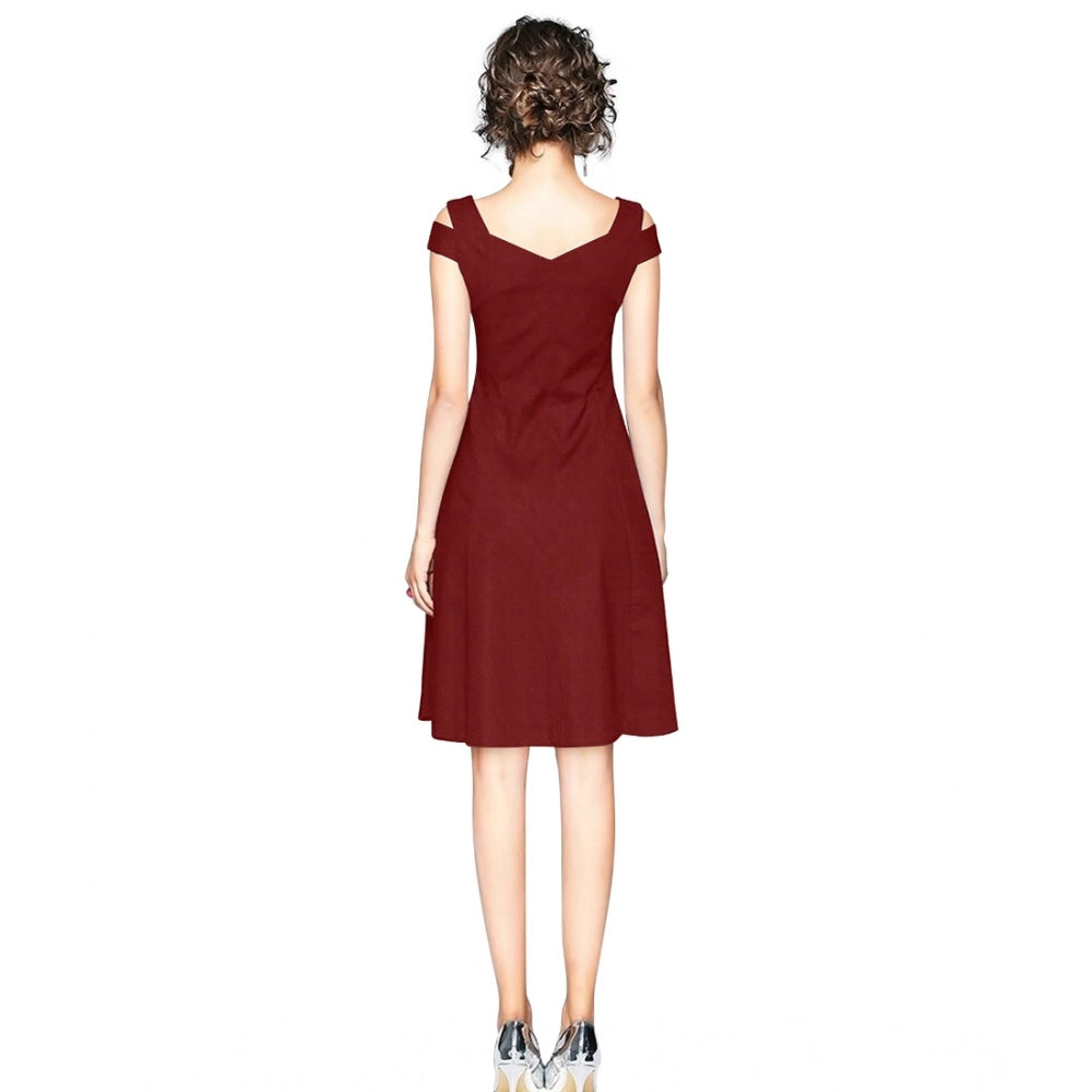 Maroon polyester solid V-neck cap sleeve off-shoulder dress for women