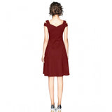 Maroon polyester solid V-neck cap sleeve off-shoulder dress for women
