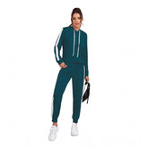 Women's Morpich knitting stretchable solid hooded neck track suit with full sleeves, model on mannequin