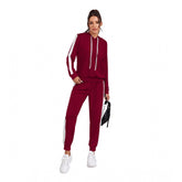 Maroon knitting stretchable solid hooded neck full sleeve track suit - women's activewear