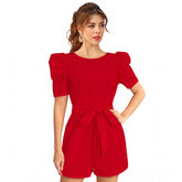 Red knitting stretchable solid round neck 3/4 puff sleeve dress