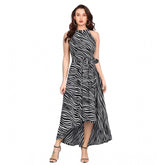 Navy blue polyester zebra pattern sleeveless halter neck dress on mannequin