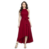 Maroon polyester solid halter neck sleeveless dress for women