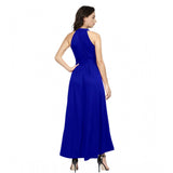 Women's Polyster Solid Halter Neck Sleeveless Dress (Royal Blue)