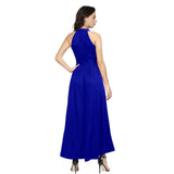 Royal Blue polyester sleeveless halter neck dress for women, solid pattern, suitable for various occasions