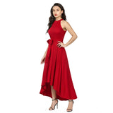 Red polyester solid halter neck sleeveless dress