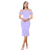 Purple knitting stretch dress, solid round neck, sleeveless, knee length for women's fashion